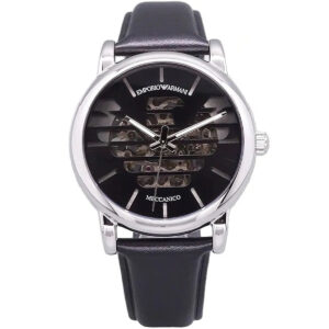 Emporio Armani Meccanico automatic watch with black skeleton dial and black leather strap