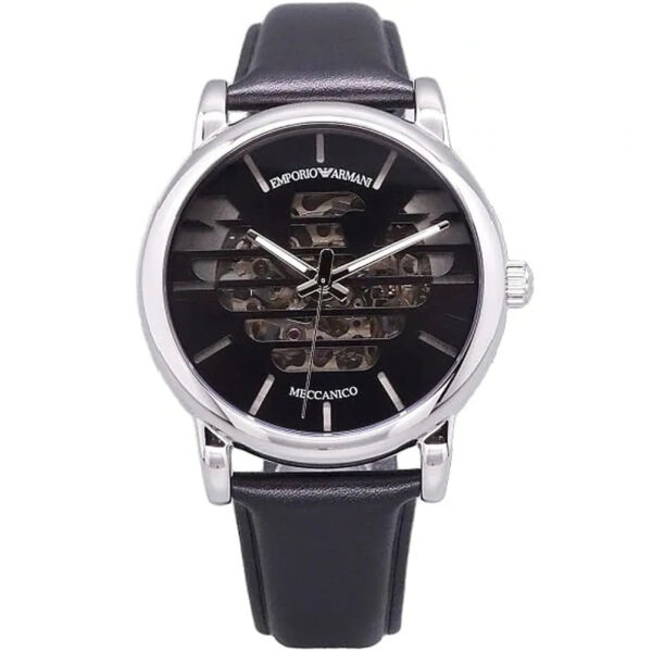 Emporio Armani Meccanico automatic watch with black skeleton dial and black leather strap
