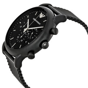 Side angle view of Emporio Armani chronograph watch showing black case and mesh band