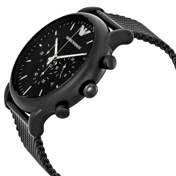 Side angle view of Emporio Armani chronograph watch showing black case and mesh band