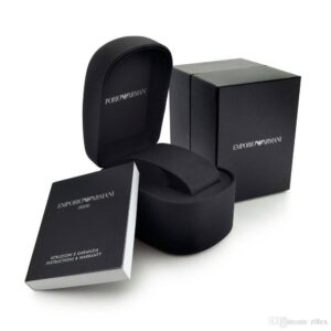 Emporio Armani Luigi watch packaging with black box, case, and instruction booklet