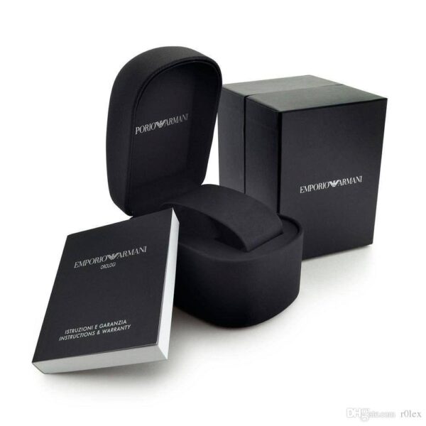 Emporio Armani Luigi watch packaging with black box, case, and instruction booklet