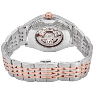 Caseback view of Emporio Armani Meccanico showing visible automatic movement and two-tone bracelet
