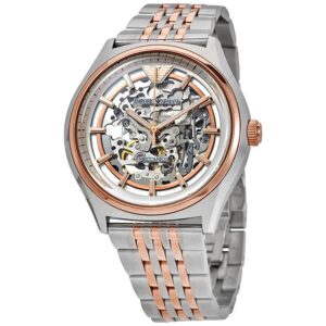 Emporio Armani Meccanico automatic skeleton dial two-tone men's watch with rose gold bezel and stainless steel bracelet