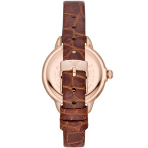 Caseback view of Emporio Armani Mia AR11525 showing rose gold case and brown leather strap