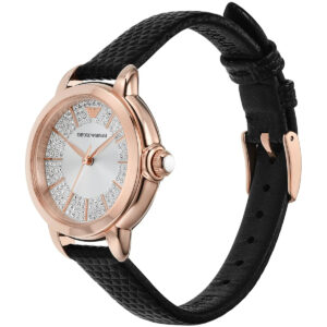 Side view of Emporio Armani Mia AR11631 rose gold case with black textured leather strap