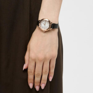 Emporio Armani Mia AR11631 rose gold watch worn on wrist with black leather strap