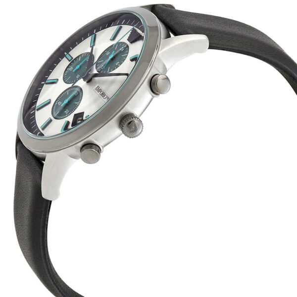 Emporio Armani Renato Chronograph at angle showing silver case, white dial, and black leather strap