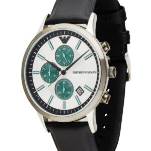 Emporio Armani Renato watch angle view showing silver case, white dial with teal subdials, and black leather strap