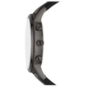 Side profile of Emporio Armani Renato chronograph watch showing case depth and black leather strap