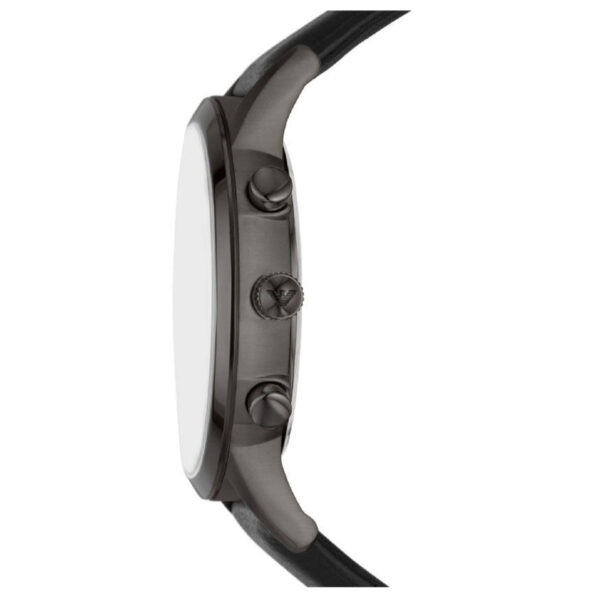 Side profile of Emporio Armani Renato chronograph watch showing case depth and black leather strap