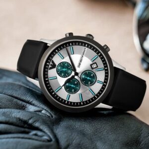 Emporio Armani Renato Chronograph on wrist showing silver case, white dial with teal subdials