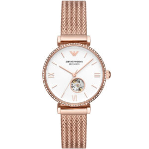 Rose gold ladies watch with white dial, Roman numerals, and mesh strap