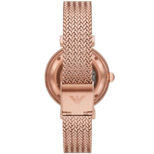 Rose gold caseback showing open movement and mesh strap attachment
