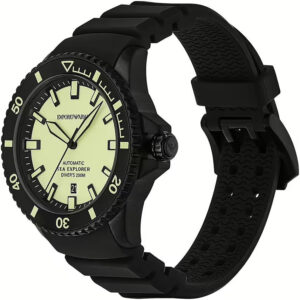 Three-quarter view of Emporio Armani Sea Explorer watch showing dial and black silicone strap