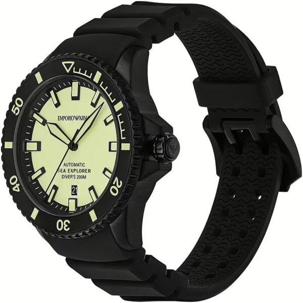 Three-quarter view of Emporio Armani Sea Explorer watch showing dial and black silicone strap