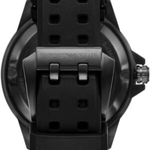 Caseback view of Emporio Armani Sea Explorer watch showing black silicone strap with holes