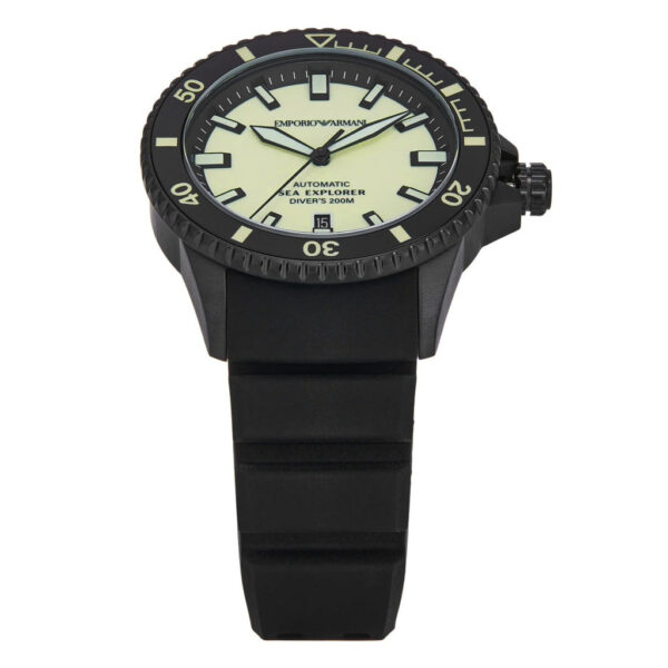 Front view of Emporio Armani Sea Explorer watch with cream dial and black silicone strap