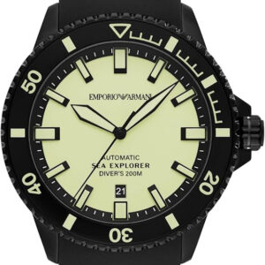 Emporio Armani Sea Explorer automatic watch with cream dial, black bezel, and black silicone strap