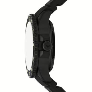 Side profile view of Emporio Armani Sea Explorer watch case and black silicone strap
