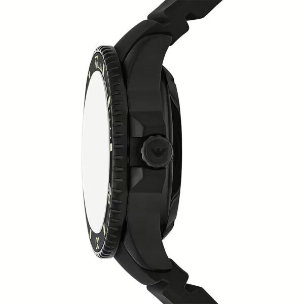 Side profile view of Emporio Armani Sea Explorer watch case and black silicone strap