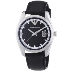 Emporio Armani Tazio AR6014 three-quarter view showing silver case and black leather strap