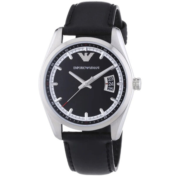 Emporio Armani Tazio AR6014 three-quarter view showing silver case and black leather strap