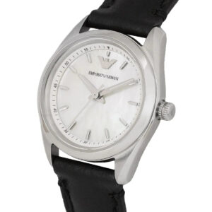 Angled view of Emporio Armani Tazio AR6026 with white dial and index markers on black strap