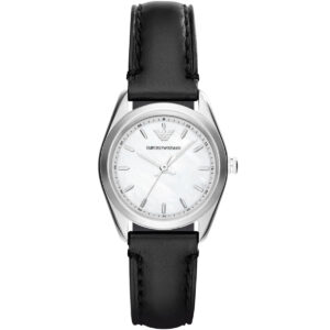 Emporio Armani Tazio AR6026 silver women's watch with white dial and black leather strap