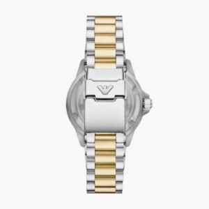 Caseback view of Emporio Armani AR60089 with Armani eagle logo and two-tone bracelet