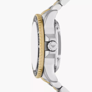 Side view of AR60089 showing case profile and two-tone stainless steel and gold bracelet