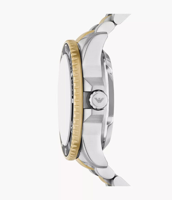 Side view of AR60089 showing case profile and two-tone stainless steel and gold bracelet