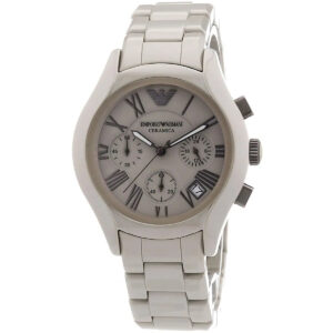 Angled view of Emporio Armani Valente chronograph watch showing dial and ceramic case