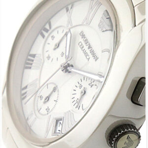 Close-up of Emporio Armani Valente dial with Roman numerals, chronograph subdials, and date window
