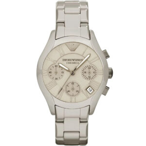 Emporio Armani Valente white ceramic chronograph watch with Roman numeral dial and steel bracelet
