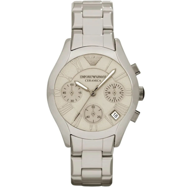 Emporio Armani Valente white ceramic chronograph watch with Roman numeral dial and steel bracelet