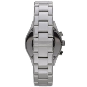 Side view of Emporio Armani Valente watch with white ceramic case and metal bracelet