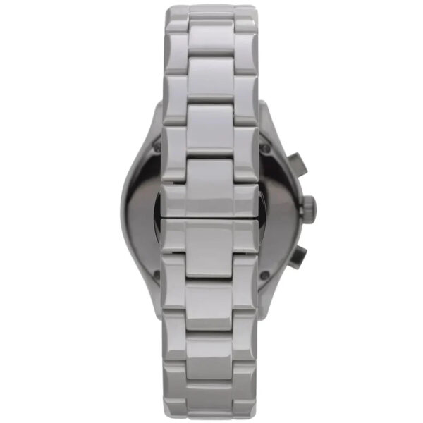 Side view of Emporio Armani Valente watch with white ceramic case and metal bracelet