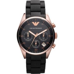 Emporio Armani Tazio chronograph with rose gold case, black dial, three subdials, and black rubber strap