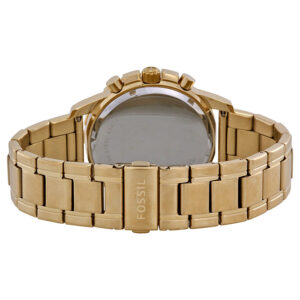 Caseback view of Fossil Dean watch showing gold-tone metal bracelet and secured caseback