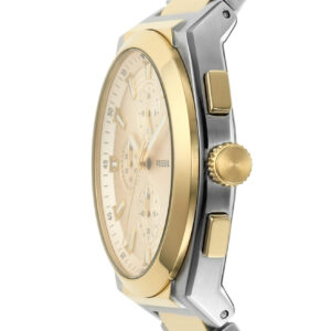 Fossil Everett chronograph side view showing two-tone case, cream dial and chronograph subdials