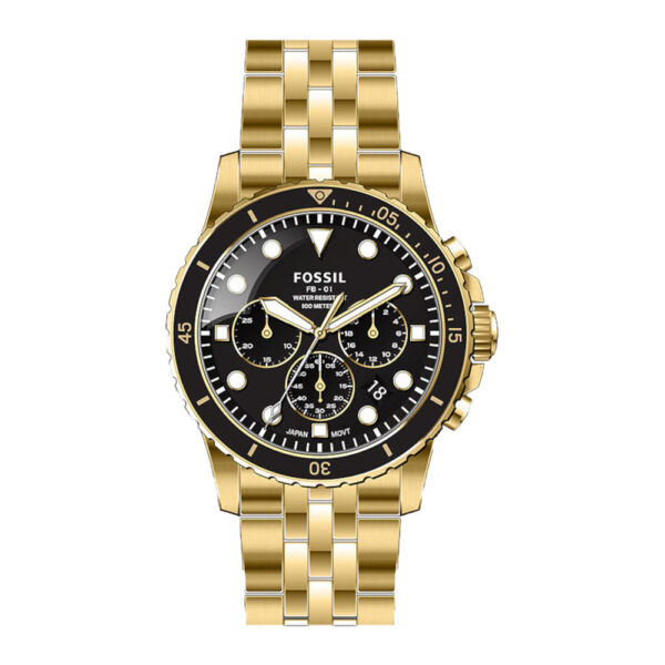 Fossil FB-01 chronograph watch with black dial, three subdials, and gold-tone bracelet