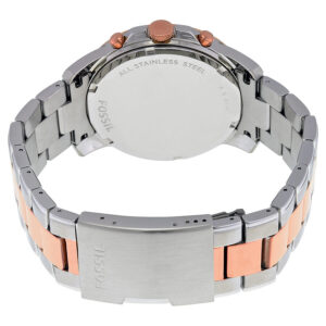 Caseback view of Fossil Grant watch showing stainless steel case with two-tone bracelet attachment