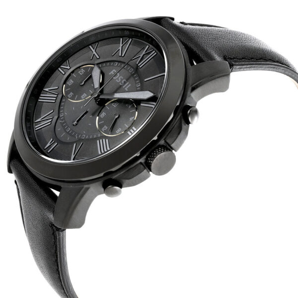 Side view of Fossil Grant chronograph watch showing profile and black leather strap