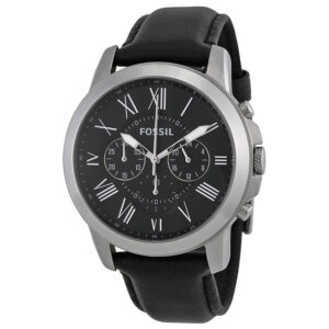 Fossil Grant black dial chronograph watch with Roman numeral markers and black leather strap