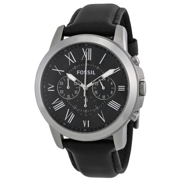 Fossil Grant black dial chronograph watch with Roman numeral markers and black leather strap