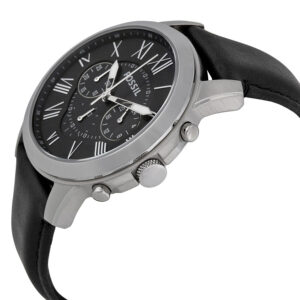 Fossil Grant chronograph watch angled view showing stainless steel case and black leather strap