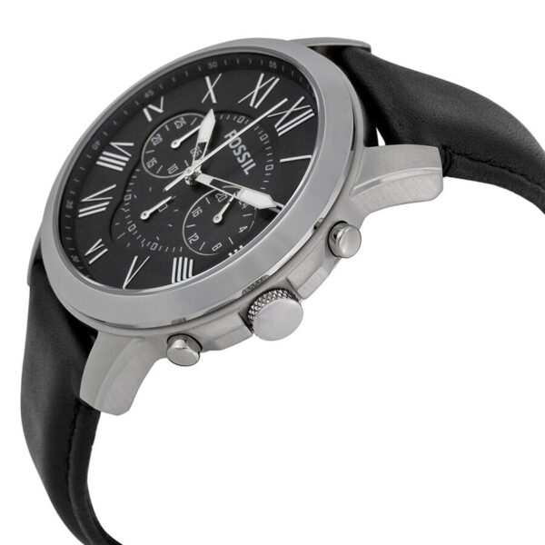 Fossil Grant chronograph watch angled view showing stainless steel case and black leather strap
