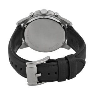 Fossil Grant watch caseback showing stainless steel back plate and black leather strap