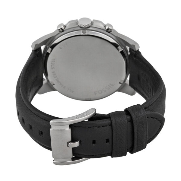 Fossil Grant watch caseback showing stainless steel back plate and black leather strap